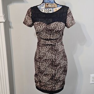 NIKIBIKI Black Brown Cream Leopard Print Bodycon Dress Sheer Sz Small NWT